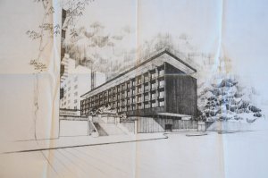 Architect's perspective of intended offices, 1966.