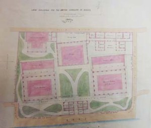 Wilberforce Wilson’s 1864 layout for the consular compound on the Bund at Ningpo. Consul’s residence and an office/assistants’ quarters building flank a gatehouse, with a prison block directly opposite and interpreter’s and constable’s quarters at the rear.