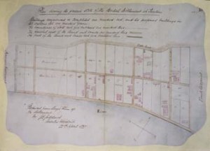 Plan of the British Settlement at Tientsin in 1865, on the Bund between the American and French settlements. Buildings marked in pink. The large one near the bottom-right corner was bought in 1868 for the consulate, and converted into the consul’s residence and offices by Crossman. 