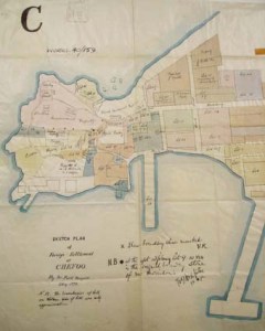 The Foreign Settlement at Chefoo in 1872: the pink triangle at upper left is the British consular compound. (North is to the left.) 
