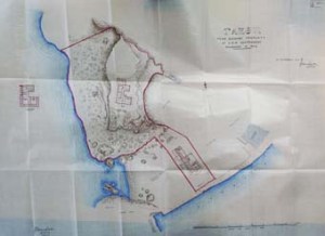 An 1879 sketch plan of the consular compound at Takow on Taiwan, with the residence on the hilltop at left and the offices on the Bund at right, connected by steep steps.