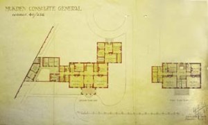 1910 plan of Mukden consul’s house. The offices are in the rear single storey wing, with separate entrance. The consul reaches his office from his study in the house.