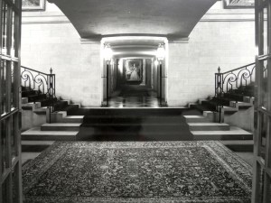 Residence entrance, with stairs either side to the bridge overhead that connects the residence to the ambassador's study and the chancery.
