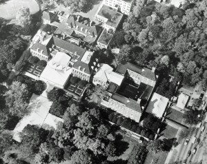 Aerial view of embassy buildings at the time of HM The Queen's State Visit to the United States in 1957. The extensive marquees were erected for HM's visit to the embassy, during which she laid a foundation stone for the new offices.