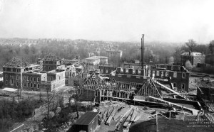 View of construction site in April 1929, from the north, with residence first floor built to windowhead level.