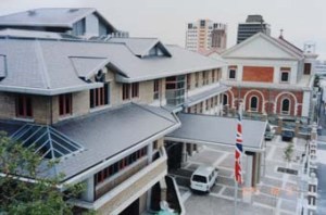 Offices entrance, with Roman Catholic cathedral beyond, 1991.