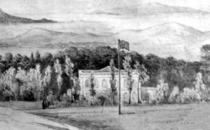 20. Gulhak. The first house, built on land granted by the Shah. This tiny painting was by Pierson a couple of years later. The house was later enlarged to include more room for chancery.