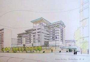 40. Moscowa presentation sketch by the architect, showing the four stacks, big one the offices. Front part of it all imported and cleared labour. Don’t ask me if such precautions paid off..