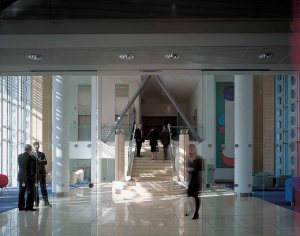 View across main hall to stair to transverse corridor.
