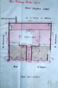 1907 record drawing of site of rue d'Anjou stables, showing access to rear of site between two pieces of land sold in ????.
