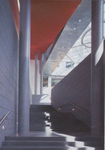 Grand stairway to the atrium. An entrance door grille, rescued from the Palais Strousberg wreckage in 1943, is mounted above the top of the stair.