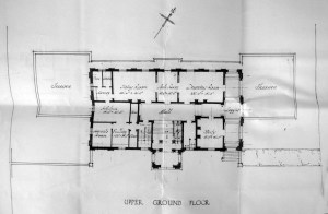 Proposed first floor plan, 1927, with entrance to residence    from garden at bottom.
