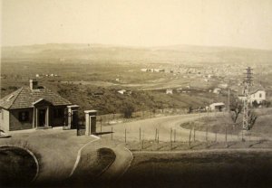 Main gate and lodge from First Building, 1935.