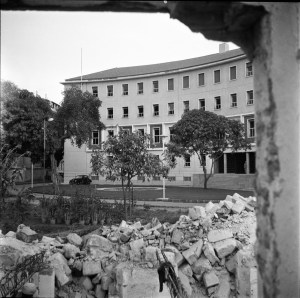 New offices, 1956, with demolition of Bacos building in foreground.