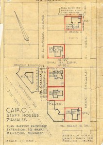 Relative locations of the five freehold senior staff houses in Zamalek.