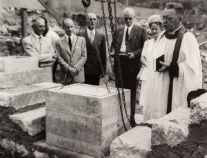 Foundation stone ceremony: Robert Prentice in centre, with Lady Gainer on his left. Various documents and coins were placed in a lead casket within the stone.