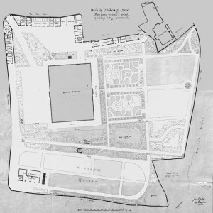Pera House grounds survey by Lessels, 1871. Entrance at north-west corner; greenhouses at south-west; burned town housing at south-east; and Chapel at north-east.