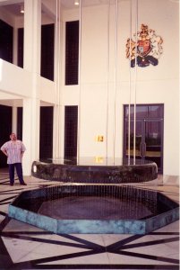 Water sculpture by William Pye at front of offices.