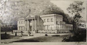 Perspective drawing by Robert Prentice, c.1945 and before elevation changed to 5 bays on either side of portico.