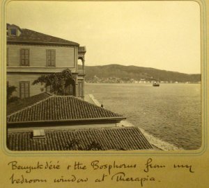 View northwards up the Bosphorus from summer residence, with the Secretaries' house in the foreground.