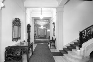 View down the corridor from the entrance, with dining room at the end.