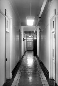 Office corridor, with grille gate.