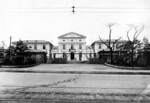 The main compound entrance, with offices behind. Originally chancery was on the ground floor, with students rooms and an archivist's flat above.