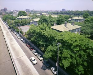Aerial view looking north up the west side of the compound.