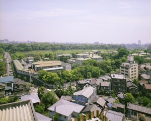 Aerial view of north end of compound, from north-west.