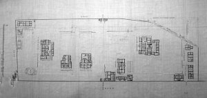 Boyce's proposed layout of Kojimachi compound, 1873. (North is to the right.) The five central houses are (from left to right) students' quarters and vice-consul; Japanese secretary; secretary of legation; chancery; and minister.