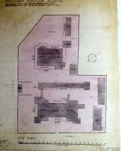 Plan of consular site at Lot 155 Yamachito-cho, showing offices and staff quarters destroyed in 1866. Site later used for the gaol, and exchanged in 1920 for 18 The Bluff.