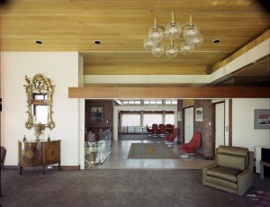 Looking from the drawing room across the landing/foyer to the dining room, 1973.