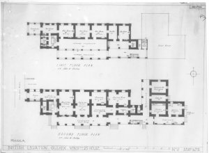 Minister's summer residence floorplans, 1921, with 1897 terraces and east extension.