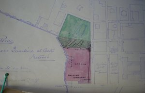 Mission house siteplan, 1882, showing 1877 purchase in pink, and 1882 purchase hatched.