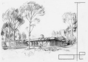 Perspective sketch by Basil Spence of small residence, March 1971.