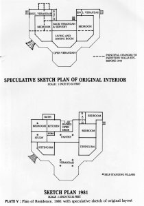 Supposed 1907 floorplan (above) and showing 1953 re-arrangement of veranda (below).