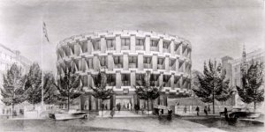 Presentation drawing of offices proposal, 1962, drawn by William Suddaby, exhibited at Royal Academy.