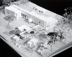 Model, viewed from north, downhill, garden side, 1989.