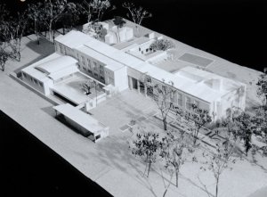 Model by Cullum and Nightingale of their proposed scheme, looking from the south, uphill, entrance side, 1989.