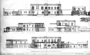 Elevation drawings of main compound buildings, 1949. Top, from compound: bottom, from river.