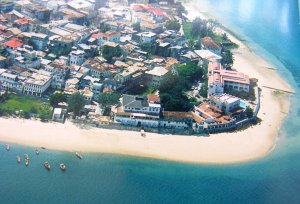 Aerial view of Stone Town, with former enclave near right, 2007.