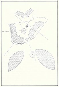 Layout diagram from Farrell's competition submission, 1992. The consulate-general block (left) and the British Council building (right) are at right-angles to each other, and the opening between them faces the gap between the two hotel towers.