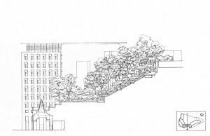 Section through entrance pavilion and private garden area.