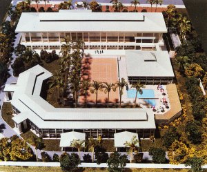 Model of the proposed development of 185 Jalan Ampang, 1985, with pffices at top, housing at bottom, and amenities between.