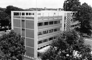 Rear view of offices, with garages and workshops in foreground,1962., 