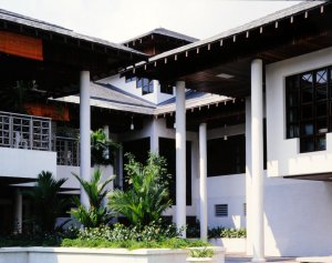 Garden view of entrance hall, 1989.