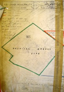 Abu Dhabi compound siteplan, 1970. Green was size after cession of land for corniche road; red was triangle added in 1970; and blue indicates triangle granted in exchange for Khalidya site in late 1970s.